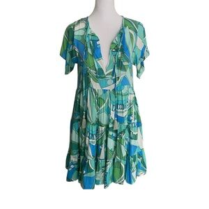 Y2K Indie Aesthetic Blue Green Pattern Flowy Mini Dress Soft Girl Retro Vibe  S